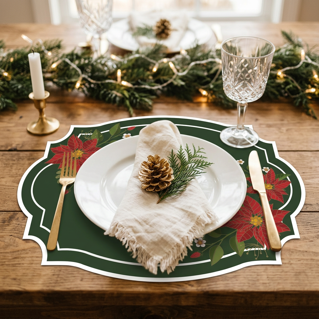 Christmas Poinsettia Flower Paper Placemat — Set of 12 | Dark & Green