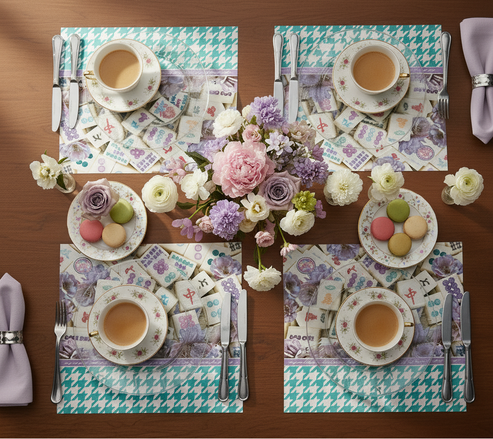 Set table with tea service, flowers, and cookies on patterned placemats.