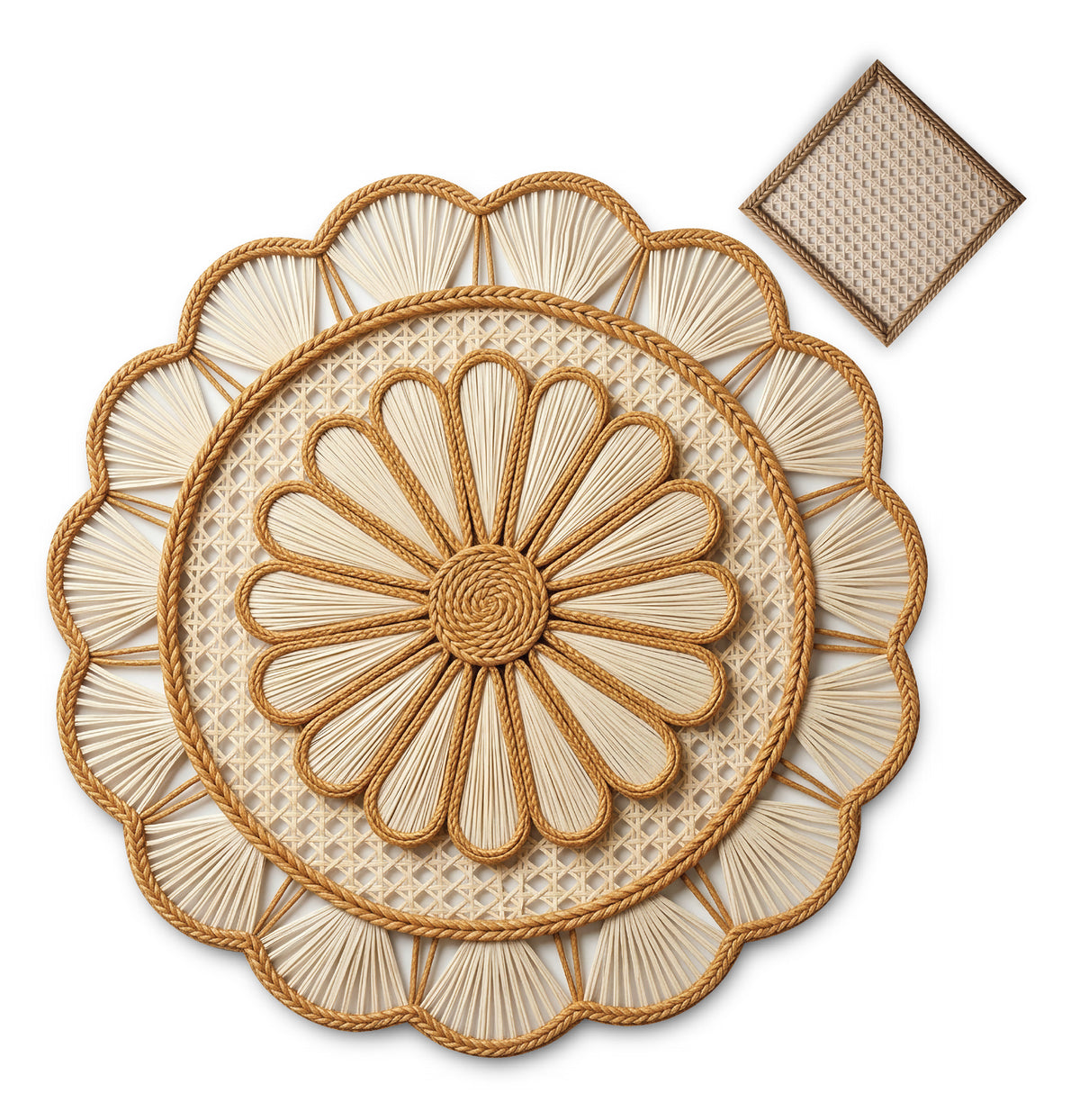 Rattan Look Round Scallop Paper Placemat — Set of 12 with Matching Coasters