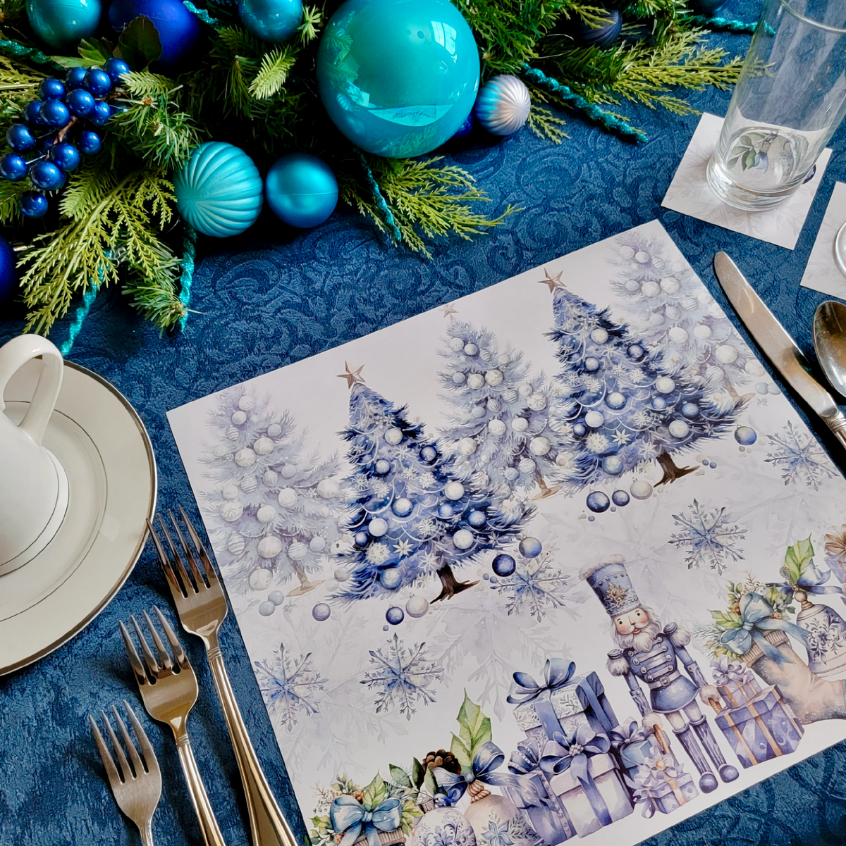 Blue Christmas Tree & Snowflake Paper Placemat — Set of 12 with Matching Coasters