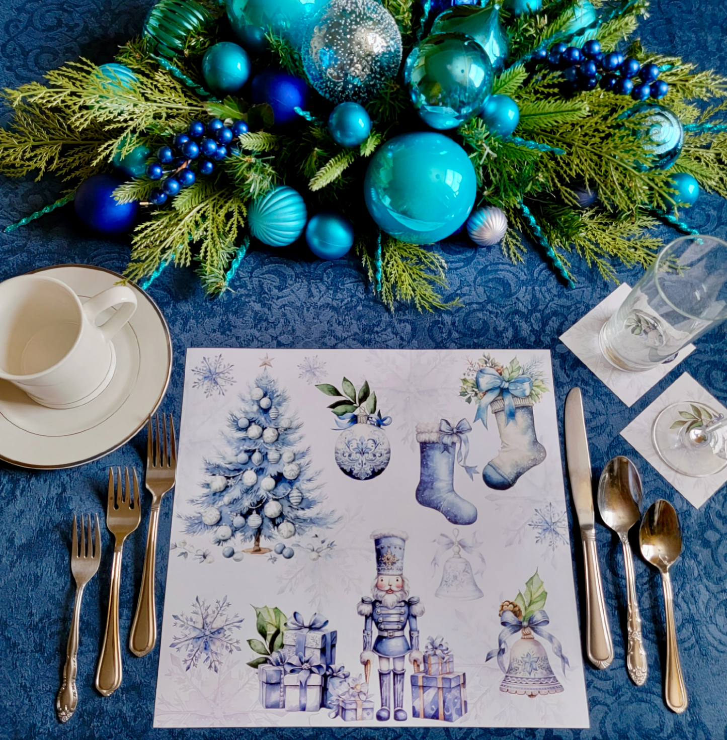 Blue Christmas Tree & Snowflake Paper Placemat — Set of 12 with Matching Coasters