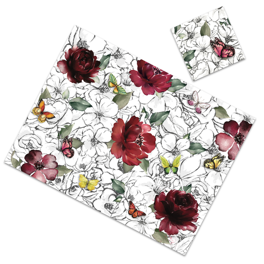 Our red flowers with butterflies paper placemats will give that elegant and romantic look to your table.  Set of 12  Two sizes available:  Square 13.5" x 12.5"  Rectangular 16.5" x 12.5"