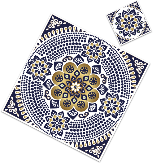 Enhance your table with this beautiful mandala paper placemat  Disposable square paper place-mats with matching coasters.  Printed on heavy glossy card stock.   Set of 12  Place them together to create a runner  Size 13.5" x 12.25"