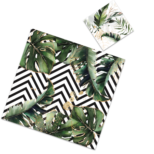 Beautiful and elegant, fresh look chevron with tropical leaves placemat.  Disposable square paper place-mats and matching coasters.  Printed on heavy glossy card stock.   Set of 12  Size 13.5" x 12.25"