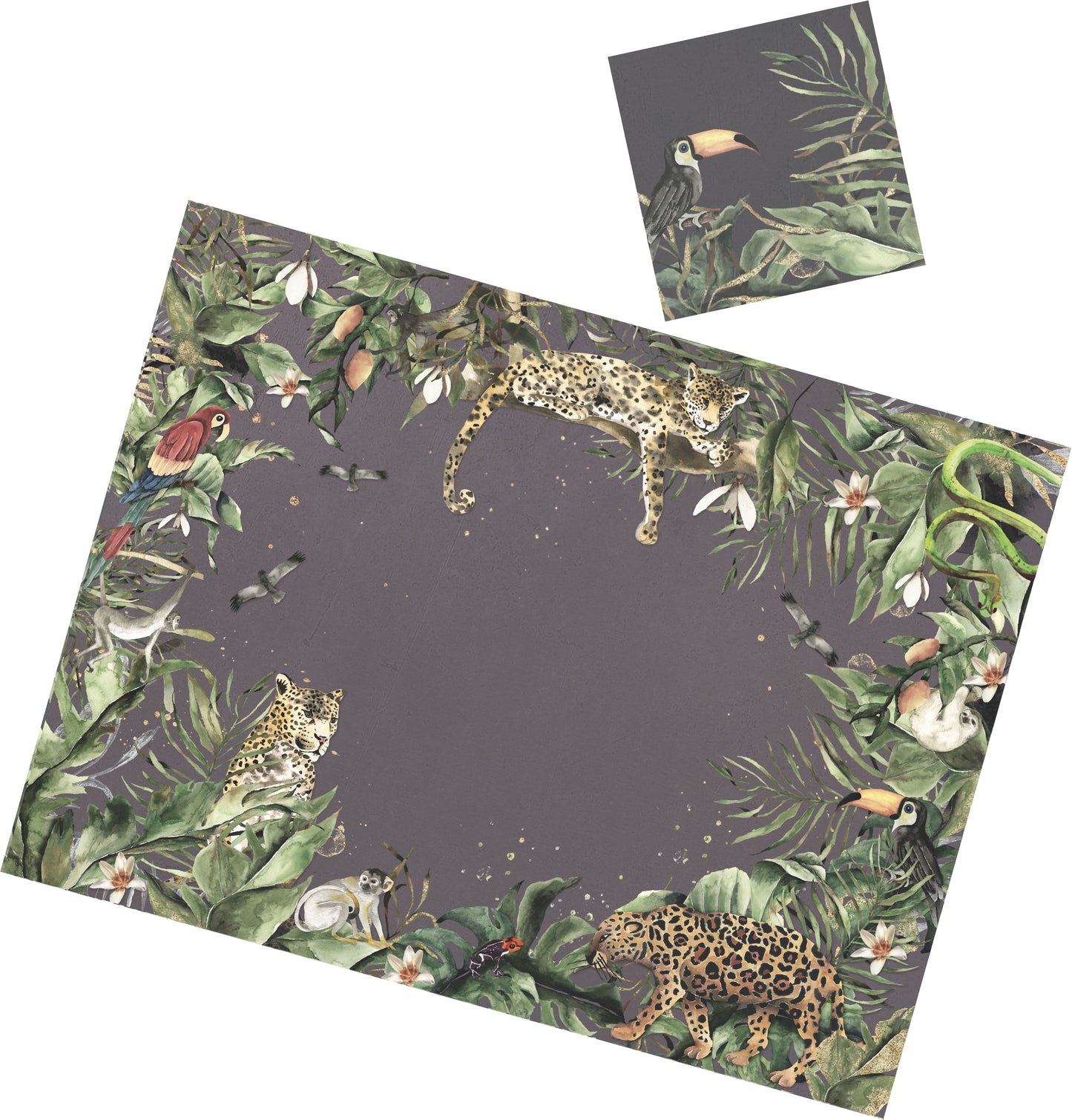 Beautiful and elegant, animal paper placemat.  Disposable rectangular paper place-mats with matching coasters.   Printed on heavy glossy card stock.   Set of 12  Place them together to create a runner   Two sizes available:  Square 13.5" x 12.5"  Rectangular 16.5" x 12.5"