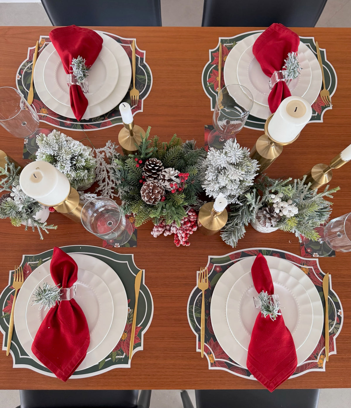Christmas Poinsettia Flower Paper Placemat — Set of 12 | Dark & Green