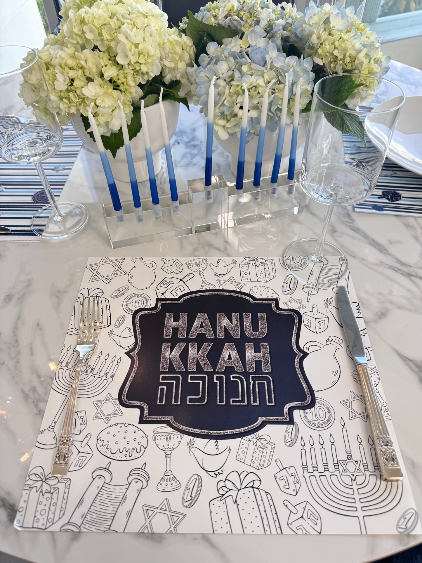 Hanukkah Blue and Silver Coloring Paper Placemat — Set of 12 with Matching Coasters