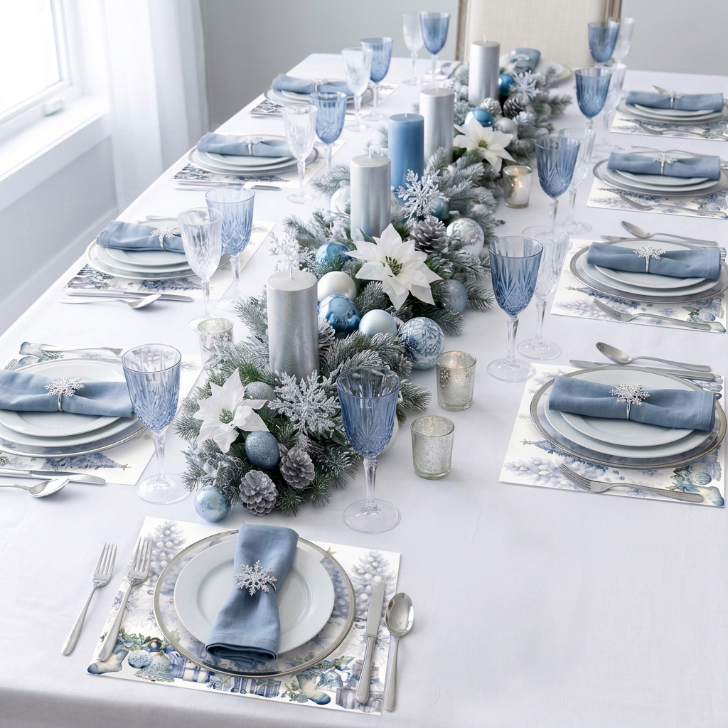 Blue Christmas Tree & Snowflake Paper Placemat — Set of 12 with Matching Coasters