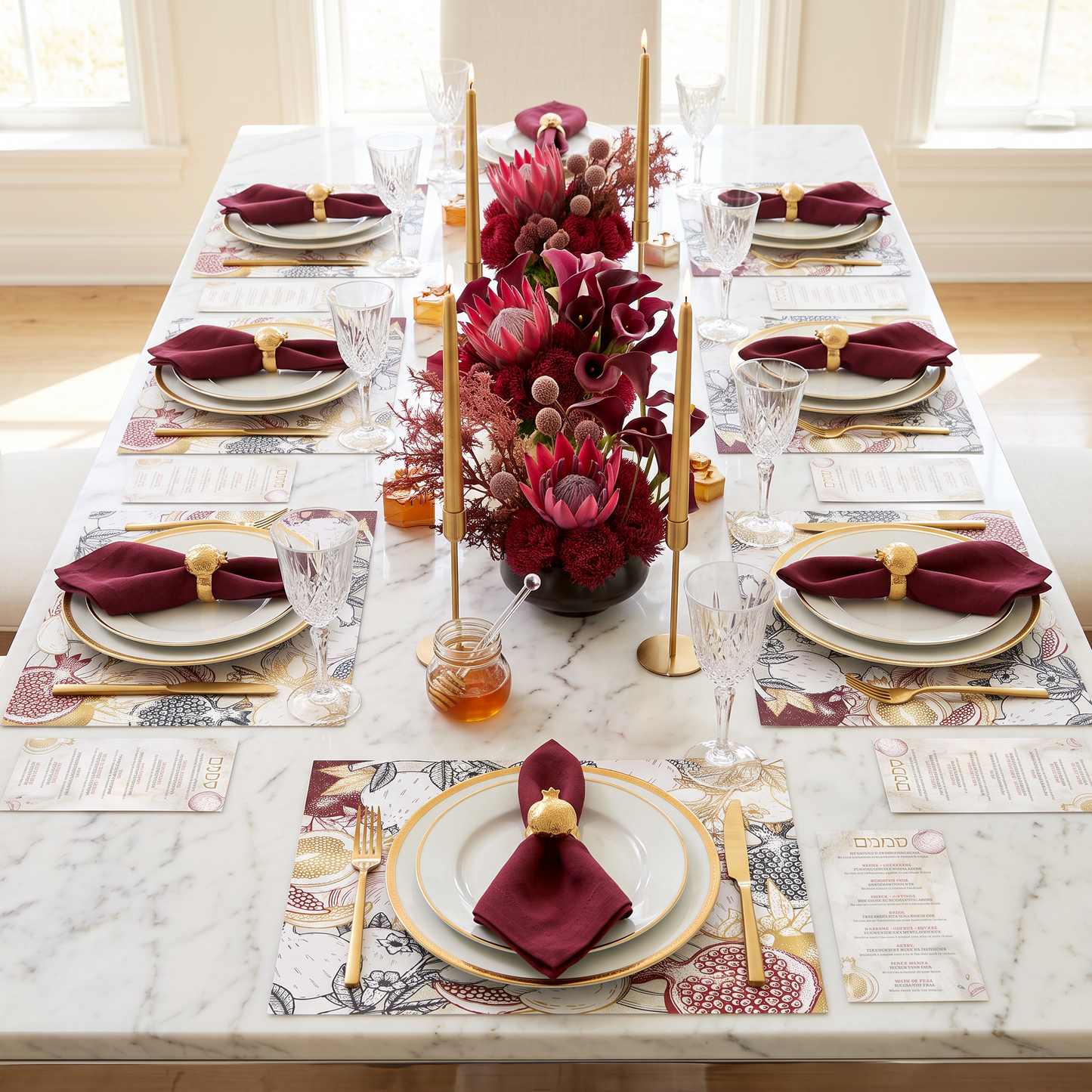Rosh Hashanah Apples & Pomegranates Paper Placemat — Set of 12 with Coasters & Simanim Cards