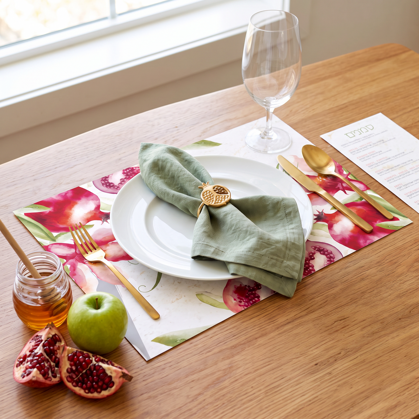 Shana Tova Watercolor Pomegranate Paper Placemat — Set of 12 with Matching Coasters