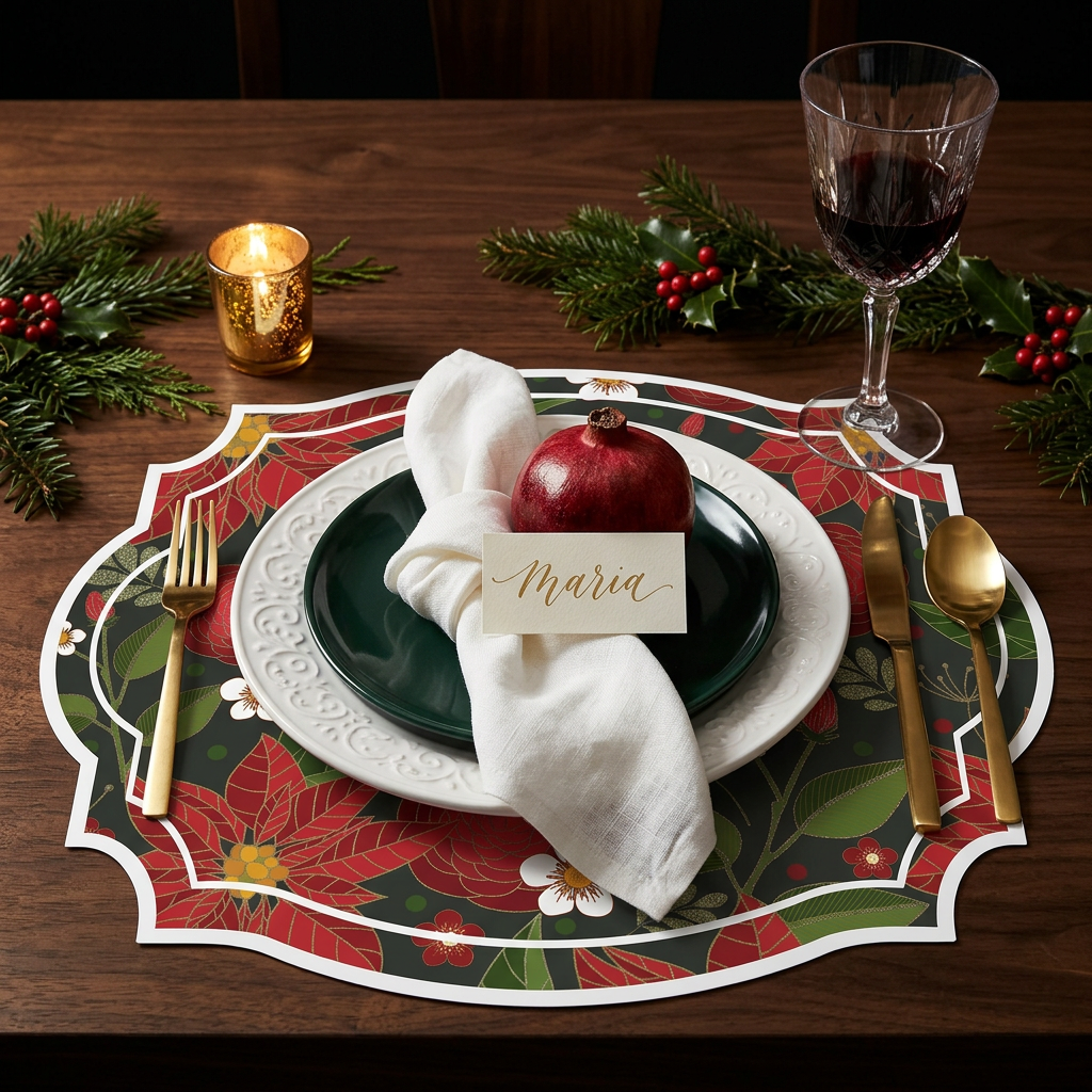 Christmas Poinsettia Flower Paper Placemat — Set of 12 | Dark & Green