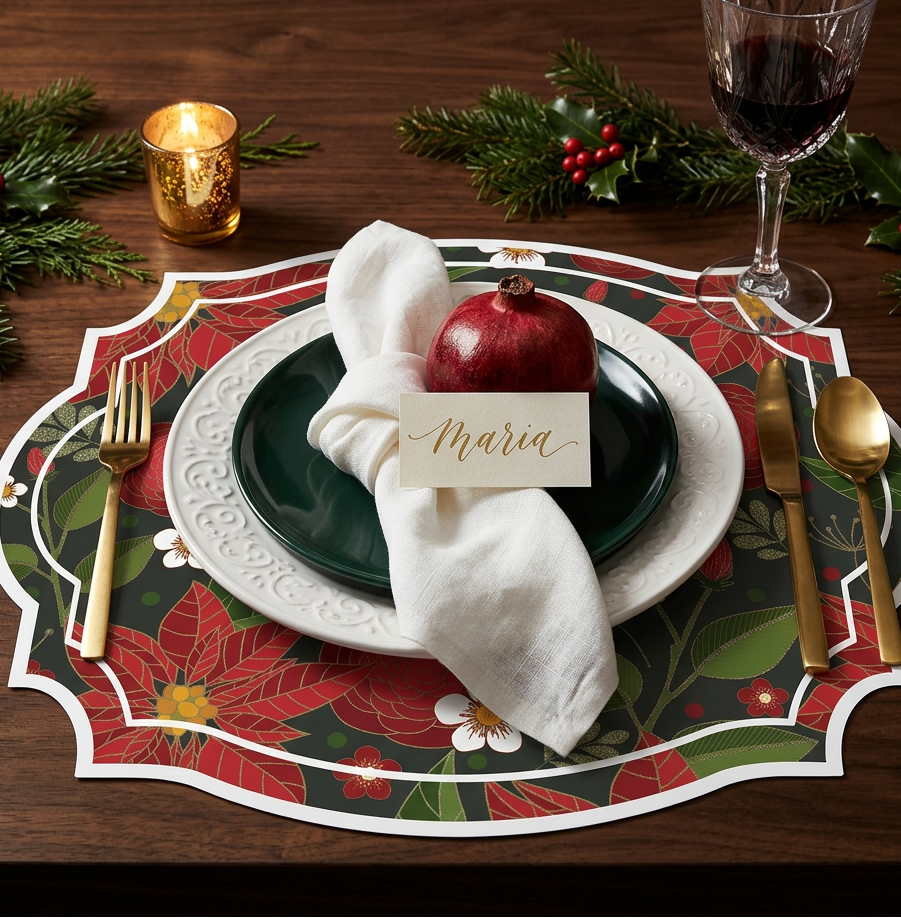 Christmas Poinsettia Flower Paper Placemat — Set of 12 | Dark & Green