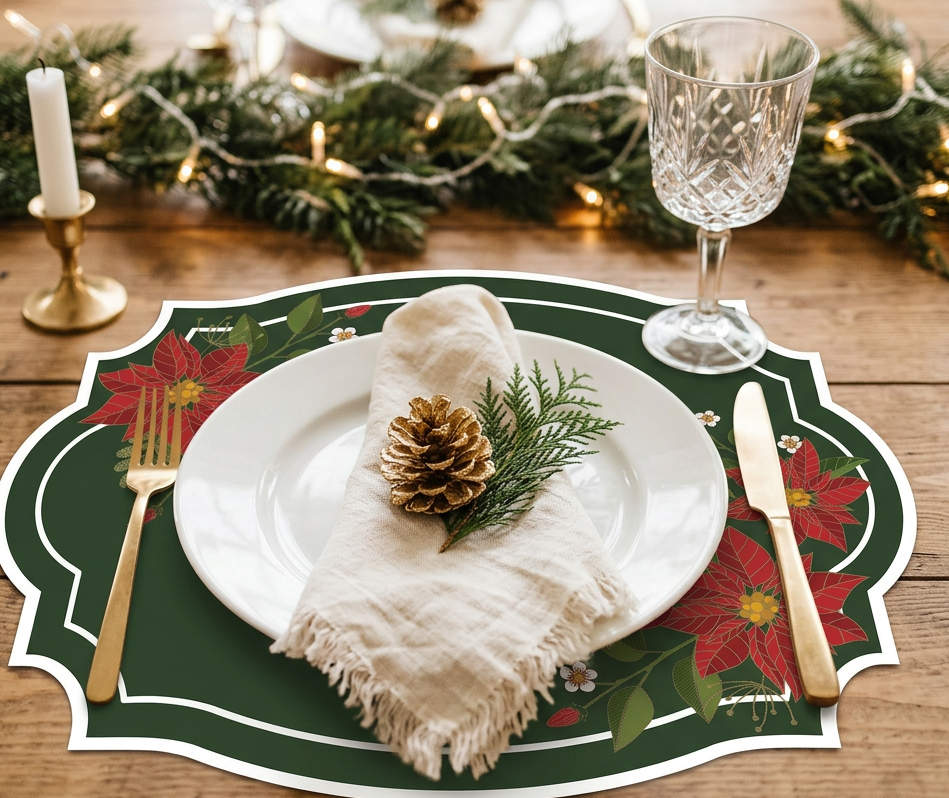 Christmas Poinsettia Flower Paper Placemat — Set of 12 | Dark & Green