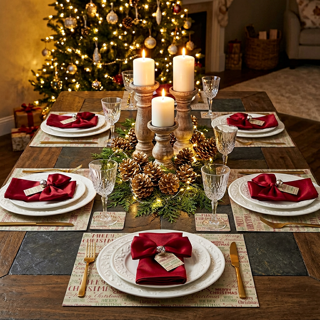 Merry christmas Paper Placemat — Set of 12 with Matching Coasters | Typography Design