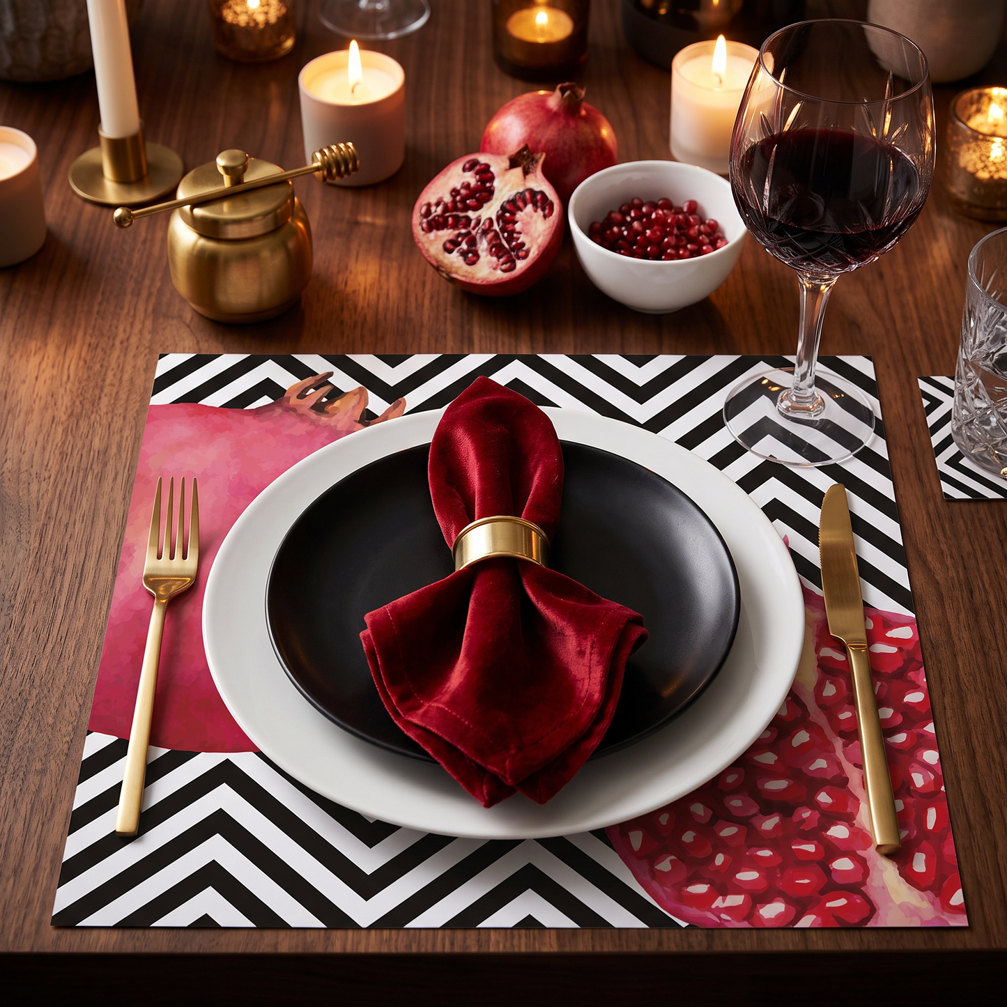 Pomegranate Chevron Paper Placemat — Set of 12 with Coasters & Simanim Cards