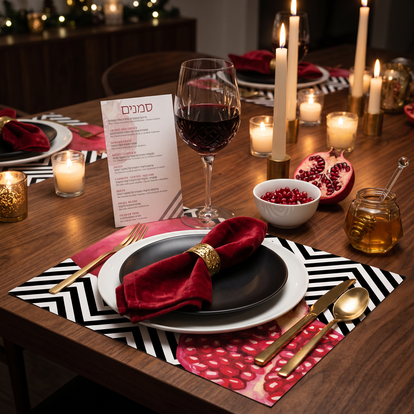 Pomegranate Chevron Paper Placemat — Set of 12 with Coasters & Simanim Cards