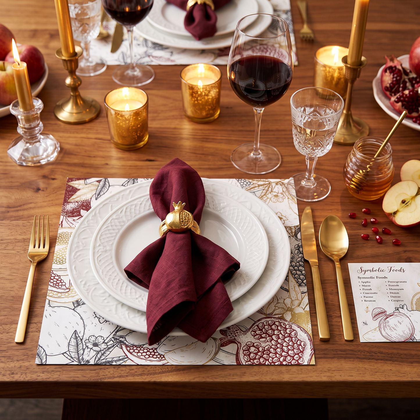 Rosh Hashanah Apples & Pomegranates Paper Placemat — Set of 12 with Coasters & Simanim Cards
