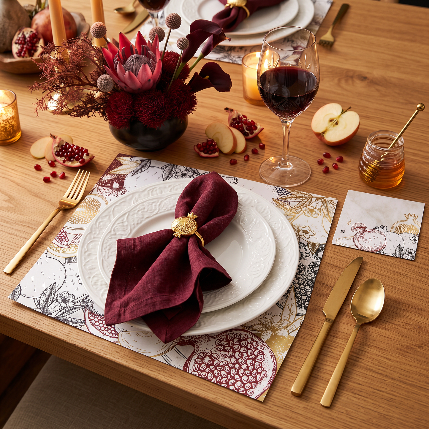Rosh Hashanah Apples & Pomegranates Paper Placemat — Set of 12 with Coasters & Simanim Cards