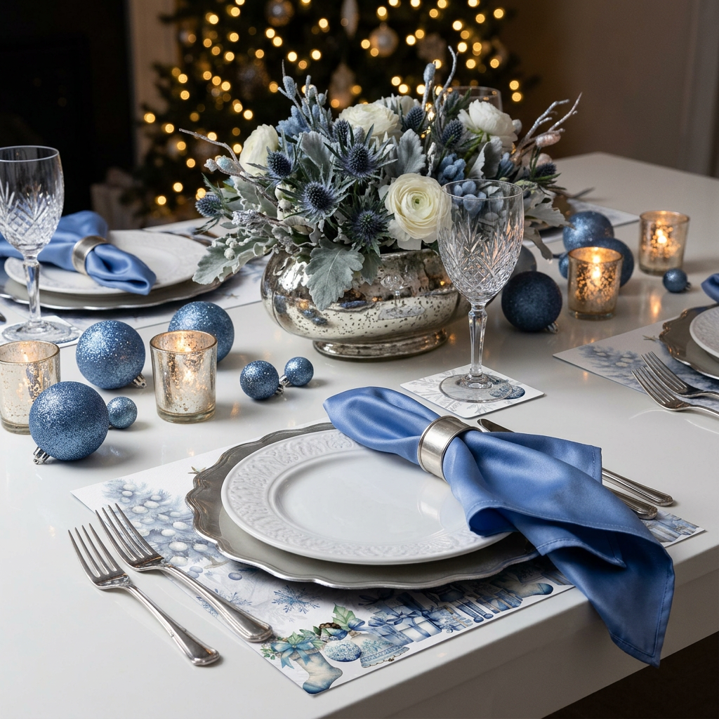 Blue Christmas Tree & Snowflake Paper Placemat — Set of 12 with Matching Coasters
