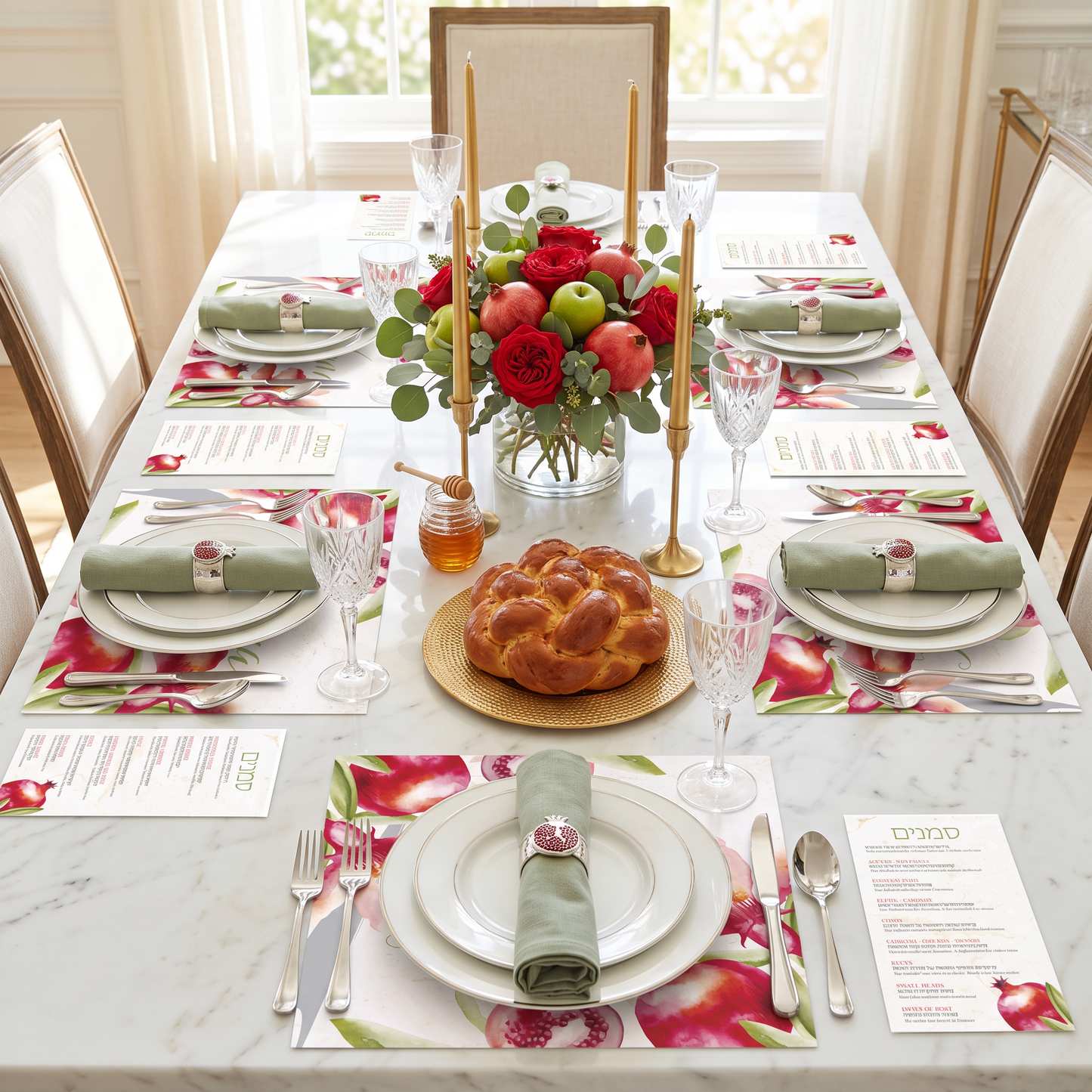 Shana Tova Watercolor Pomegranate Paper Placemat — Set of 12 with Matching Coasters