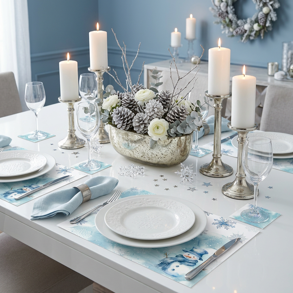 Snowman Watercolor Snowflake Paper Placemat — Set of 12 with Matching Coasters