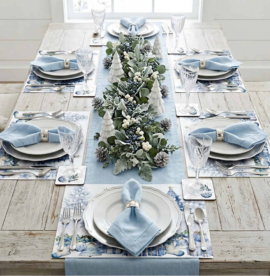 Blue Christmas Tree & Snowflake Paper Placemat — Set of 12 with Matching Coasters