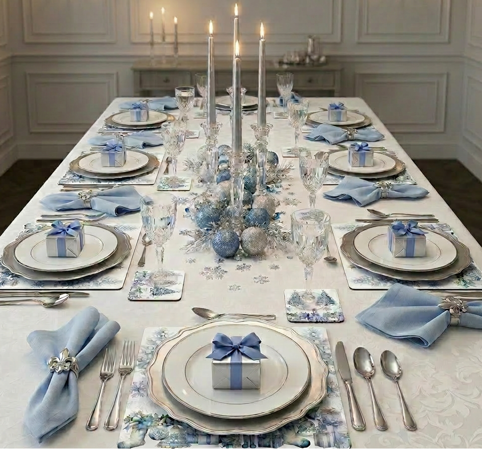 Blue Christmas Tree & Snowflake Paper Placemat — Set of 12 with Matching Coasters