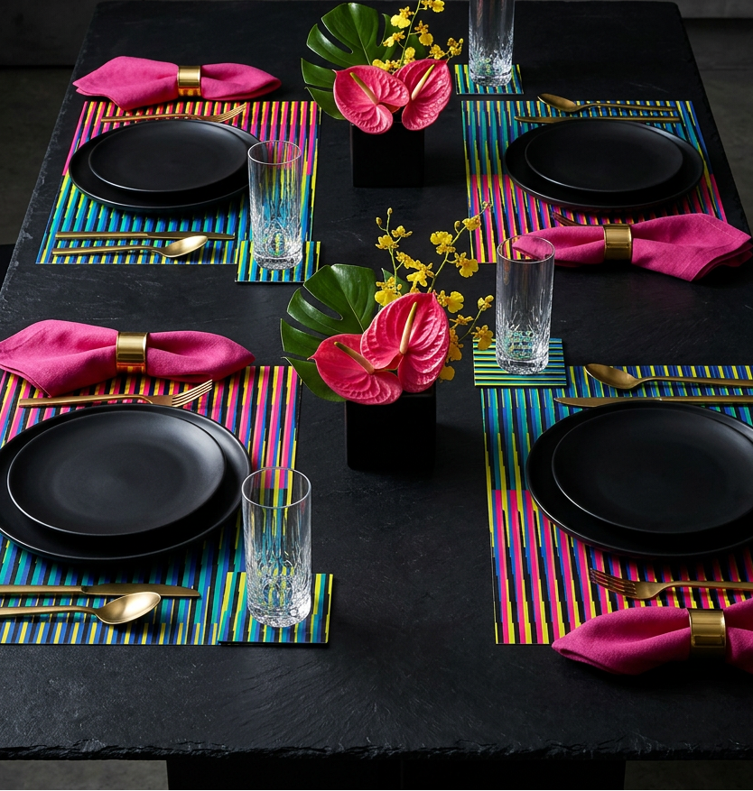 Kinetic Rainbow Stripe Paper Placemat — Set of 12 with Matching Coasters
