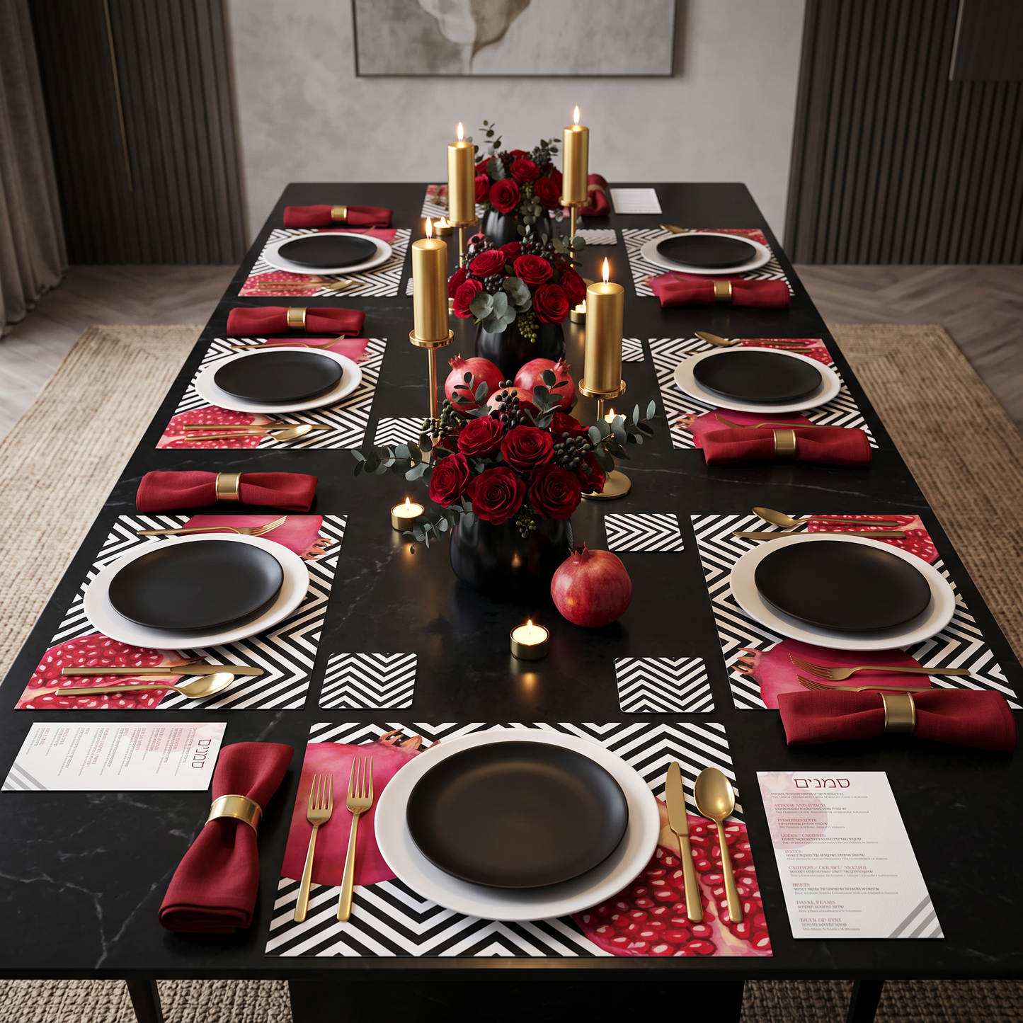 Pomegranate Chevron Paper Placemat — Set of 12 with Coasters & Simanim Cards
