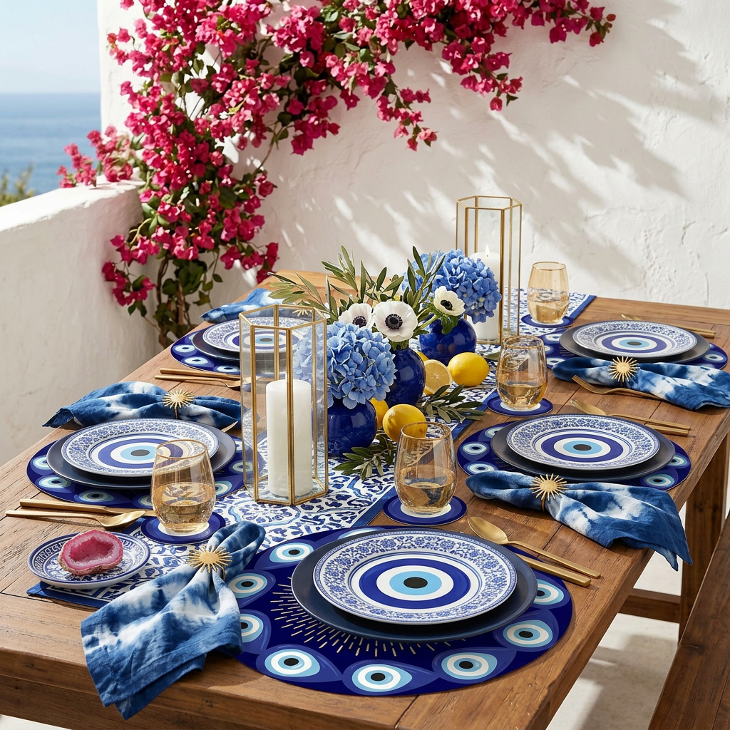 Evil Eye Die-Cut Round Paper Placemat — Set of 12 with Matching Coasters