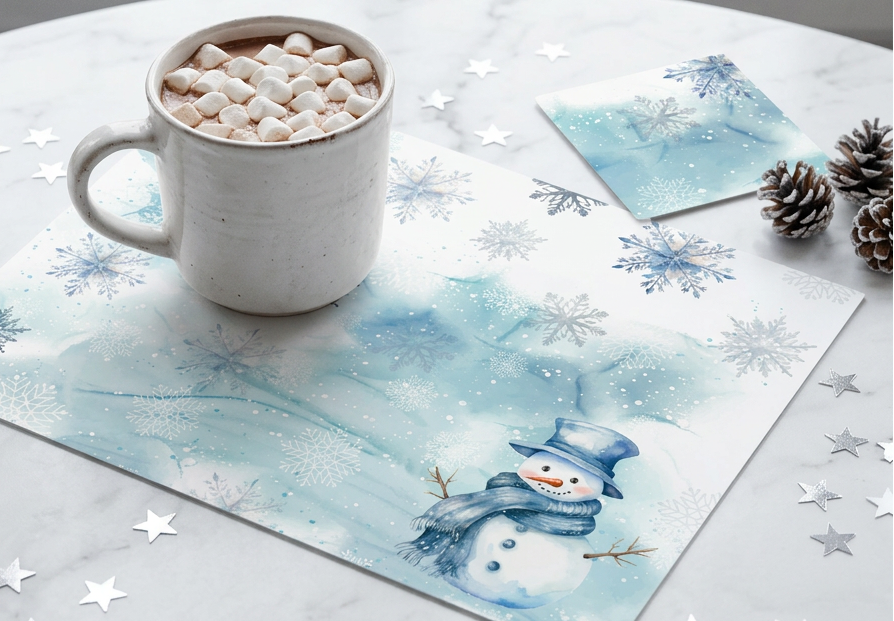 Snowman Watercolor Snowflake Paper Placemat — Set of 12 with Matching Coasters