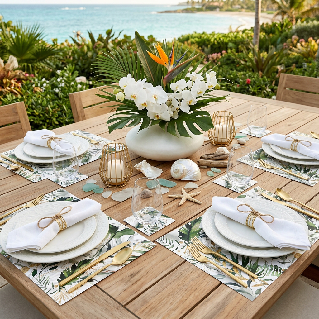 Tropical Palm Paper Placemat — Set of 12 with Matching Coasters