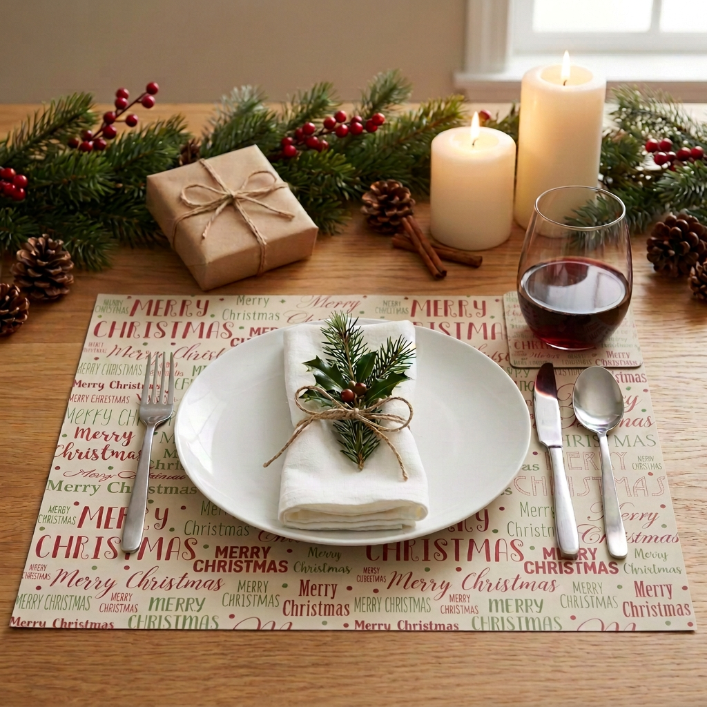 Merry christmas Paper Placemat — Set of 12 with Matching Coasters | Typography Design