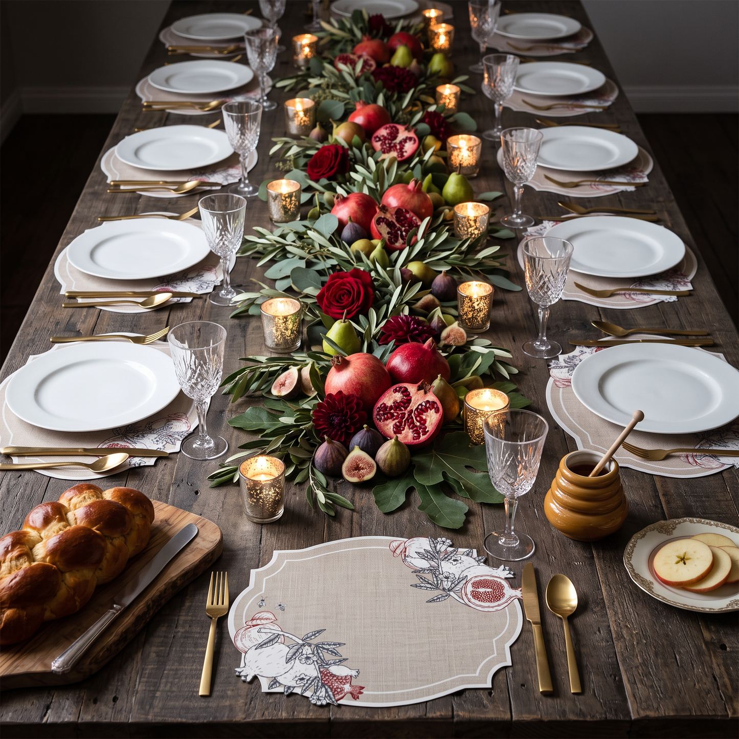 Burlap Look Pomegranate & Apple Die-Cut Paper Placemat — Set of 12 with Simanim Cards