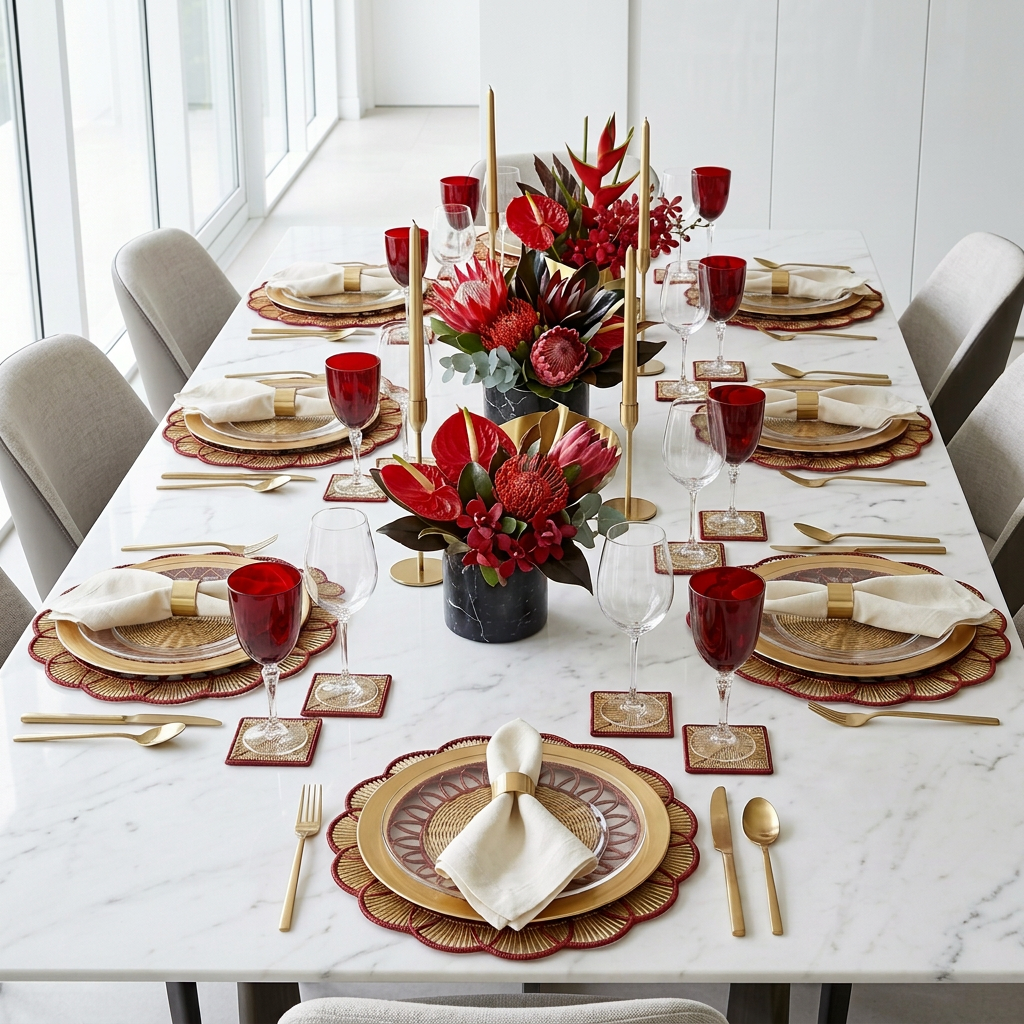 Rattan Look Round Scallop Paper Placemat — Set of 12 with Matching Coasters