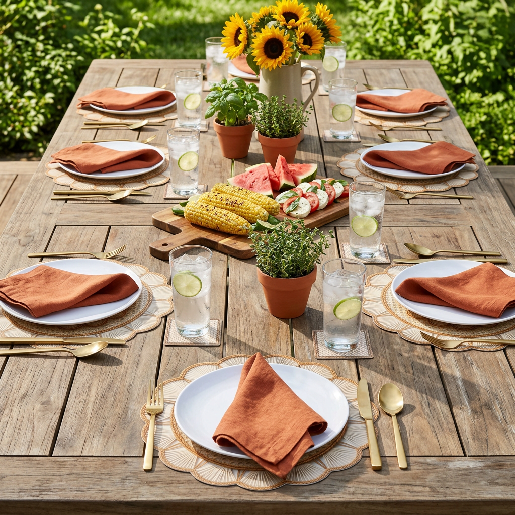 Rattan Look Round Scallop Paper Placemat — Set of 12 with Matching Coasters