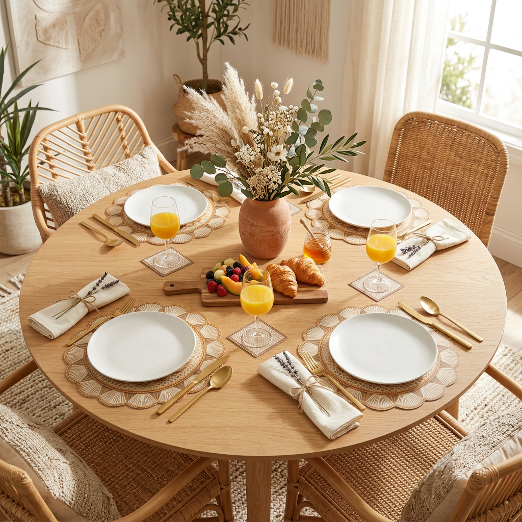 Rattan Look Round Scallop Paper Placemat — Set of 12 with Matching Coasters