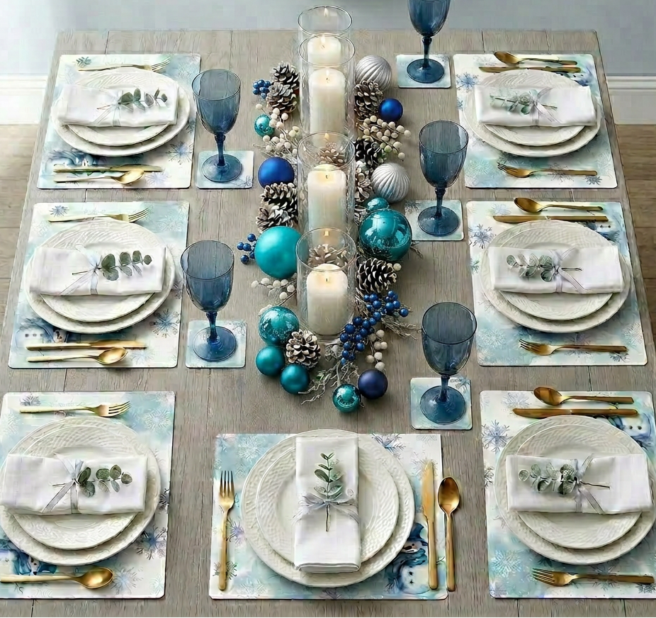 Snowman Watercolor Snowflake Paper Placemat — Set of 12 with Matching Coasters