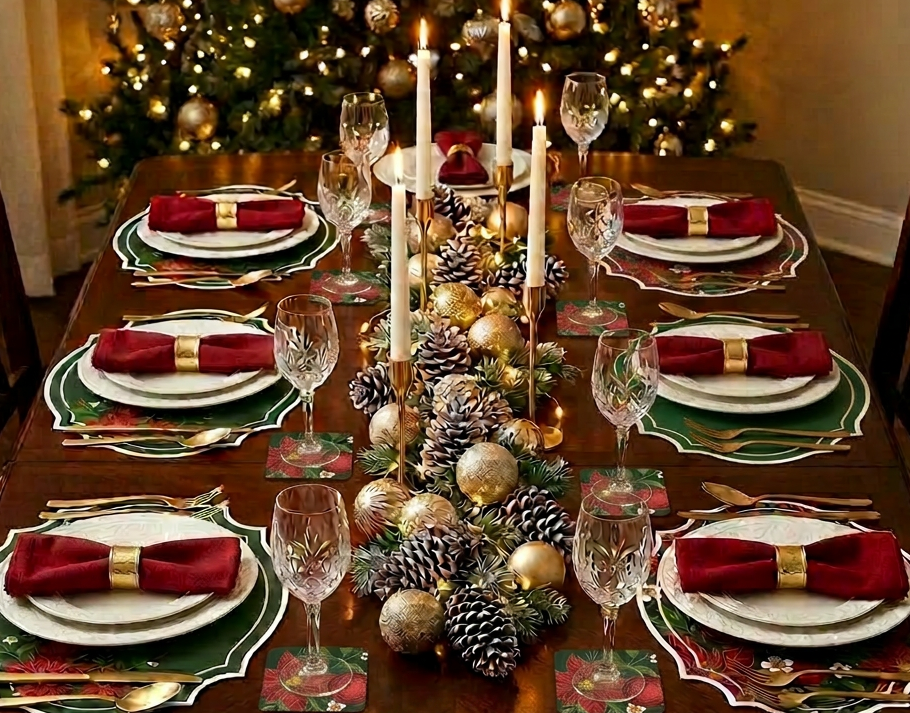 Christmas Poinsettia Flower Paper Placemat — Set of 12 | Dark & Green