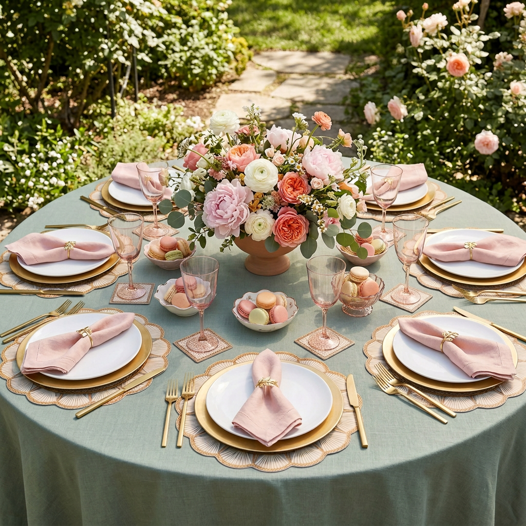 Rattan Look Round Scallop Paper Placemat — Set of 12 with Matching Coasters