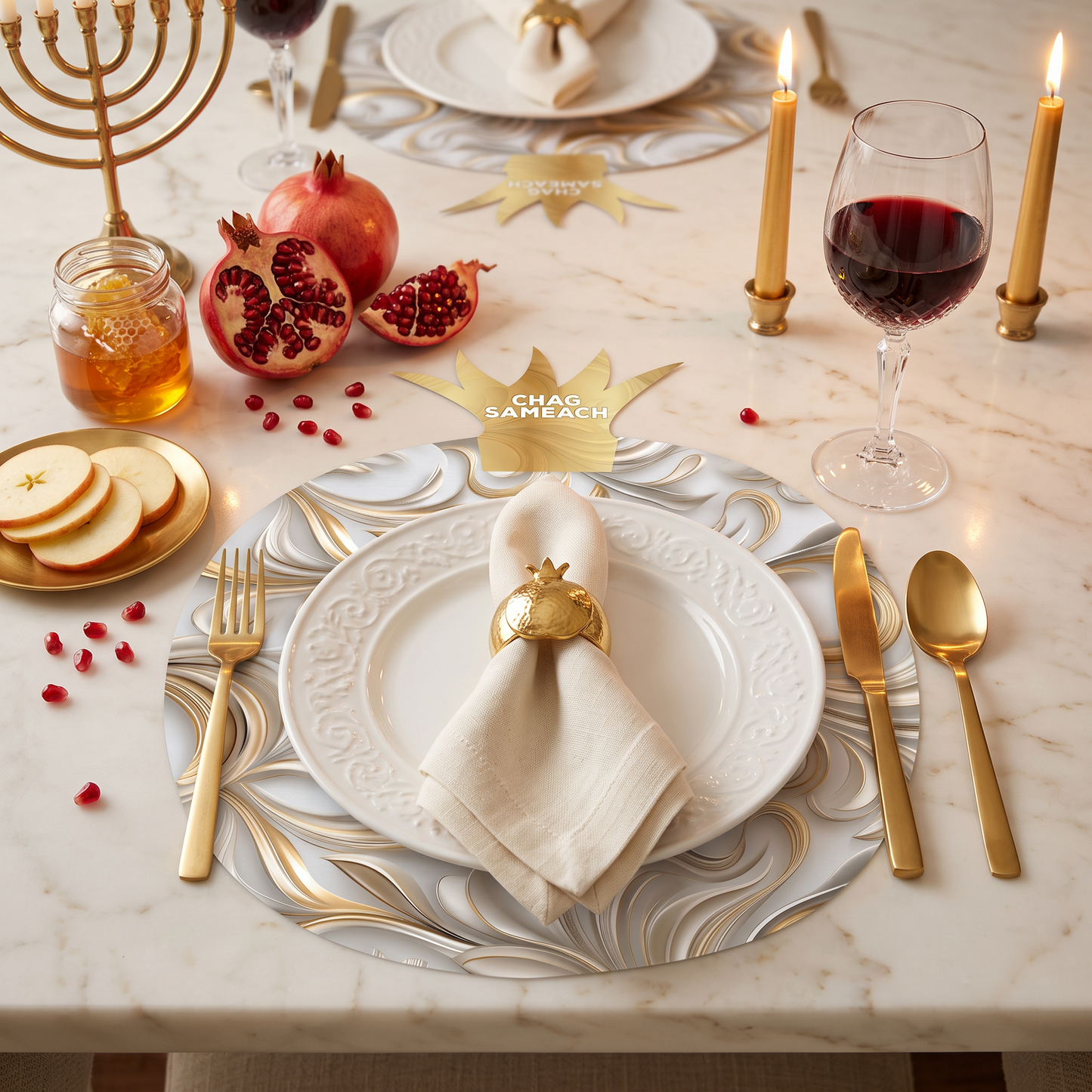 Swirl Pomegranate Die-Cut Paper Placemat — Set of 12 with Simanim Cards