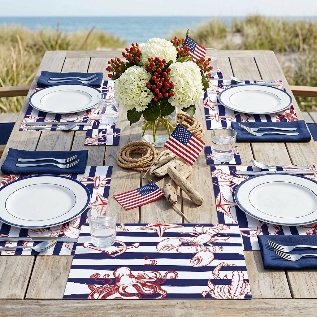 Nautical Stripes Sea Life Paper Placemat — Set of 12 with Matching Coasters