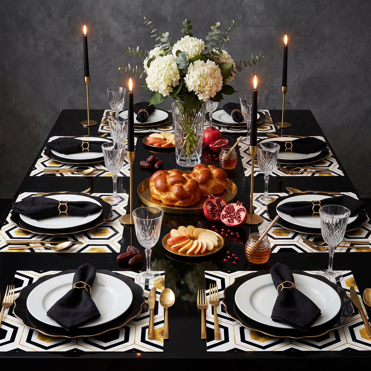 Gold Honeybee & Honeycomb Paper Placemat — Set of 12 with Matching Coasters