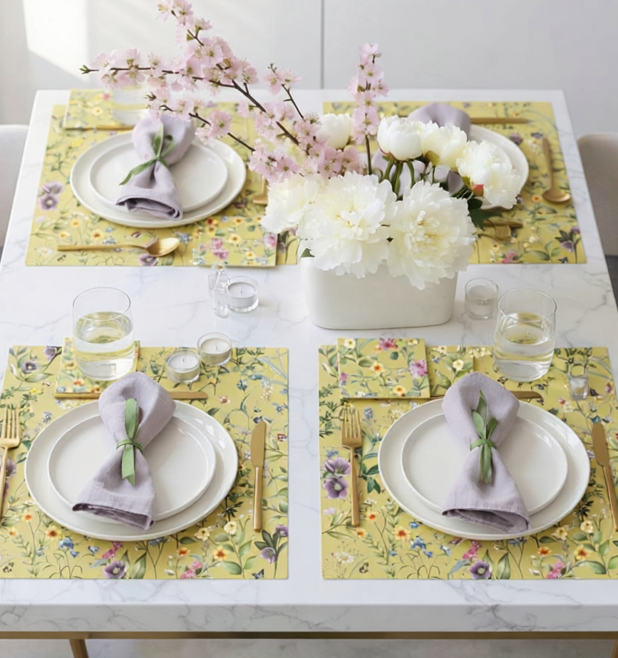 Spring Bloom Paper Placemat — Set of 12 with Matching Coasters | Yellow & Purple
