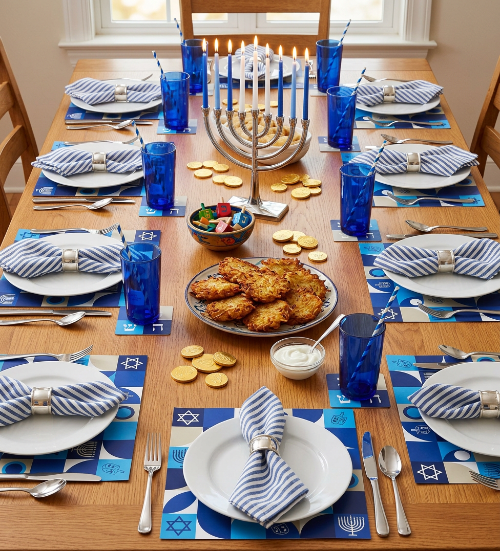 Geometric Hanukkah Paper Placemat — Set of 12 with Matching Coasters