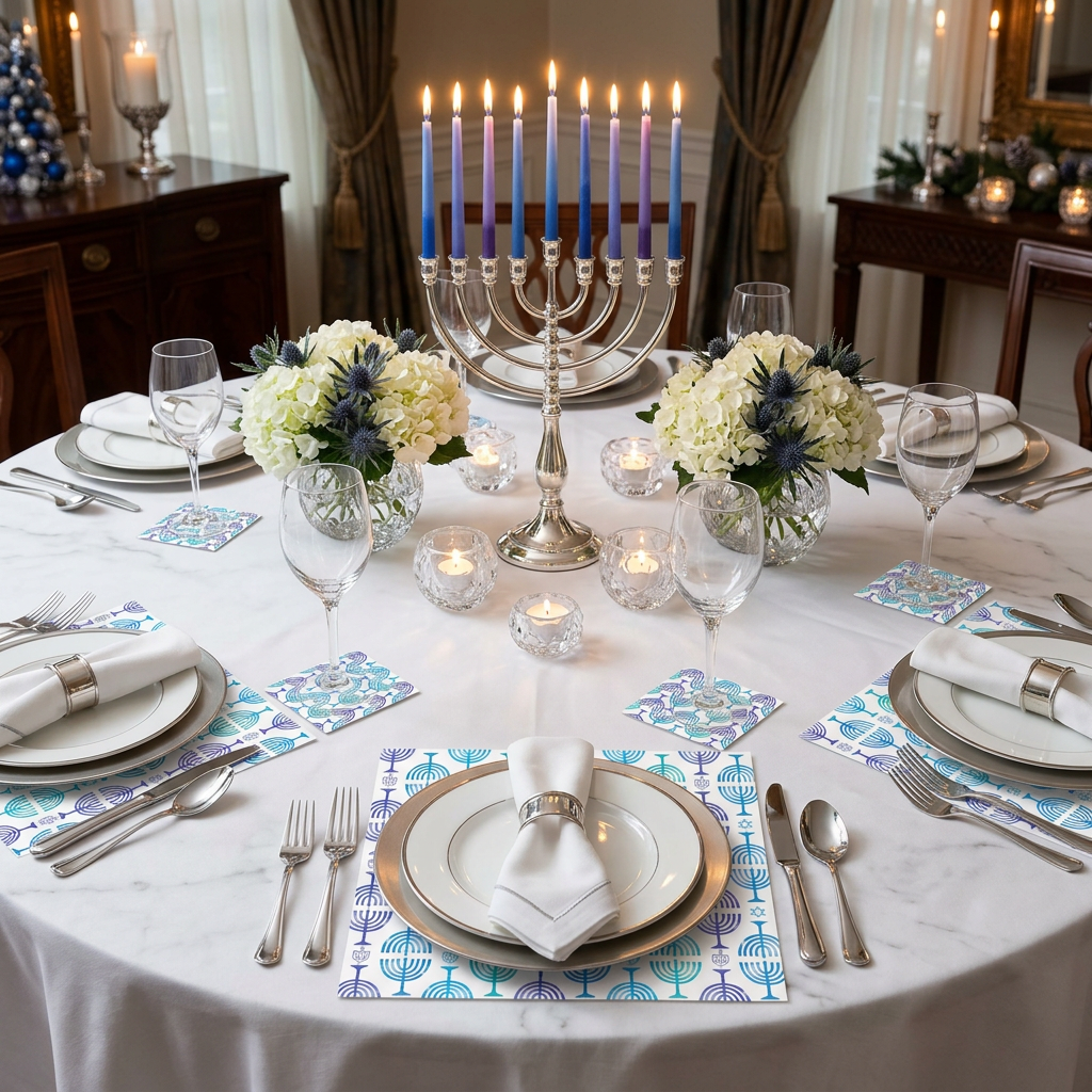 Hanukkah Menorah Pattern Paper Placemat — Set of 12 with Matching Coasters