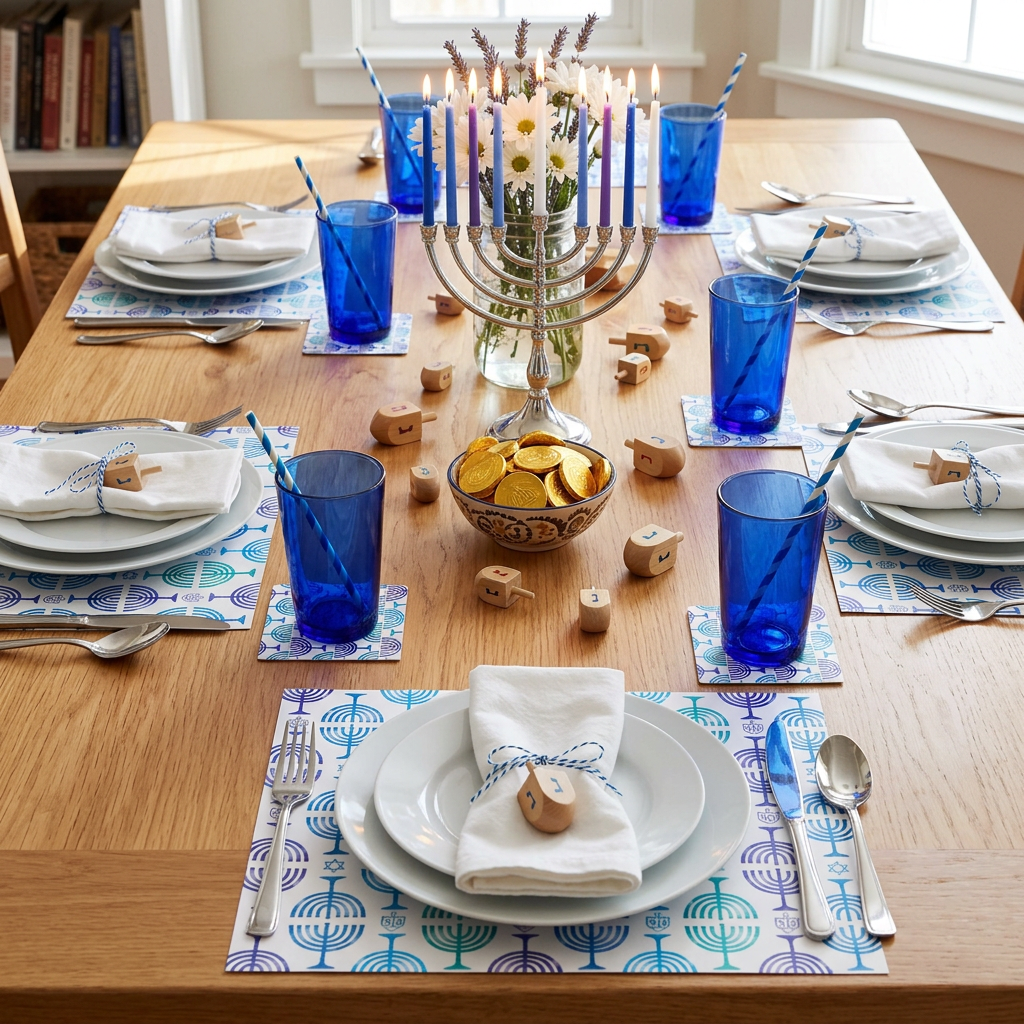Hanukkah Menorah Pattern Paper Placemat — Set of 12 with Matching Coasters