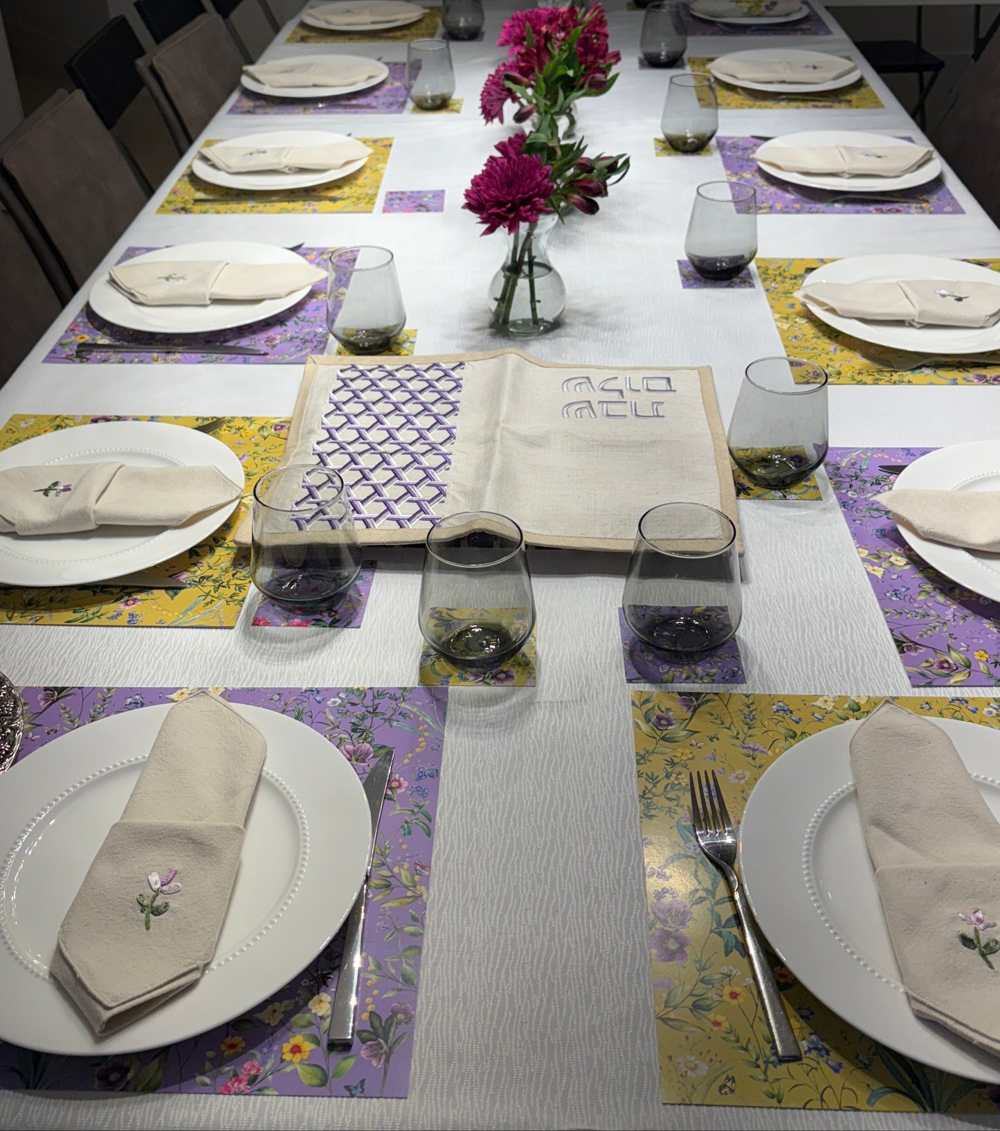 Spring Bloom Paper Placemat — Set of 12 with Matching Coasters | Yellow & Purple