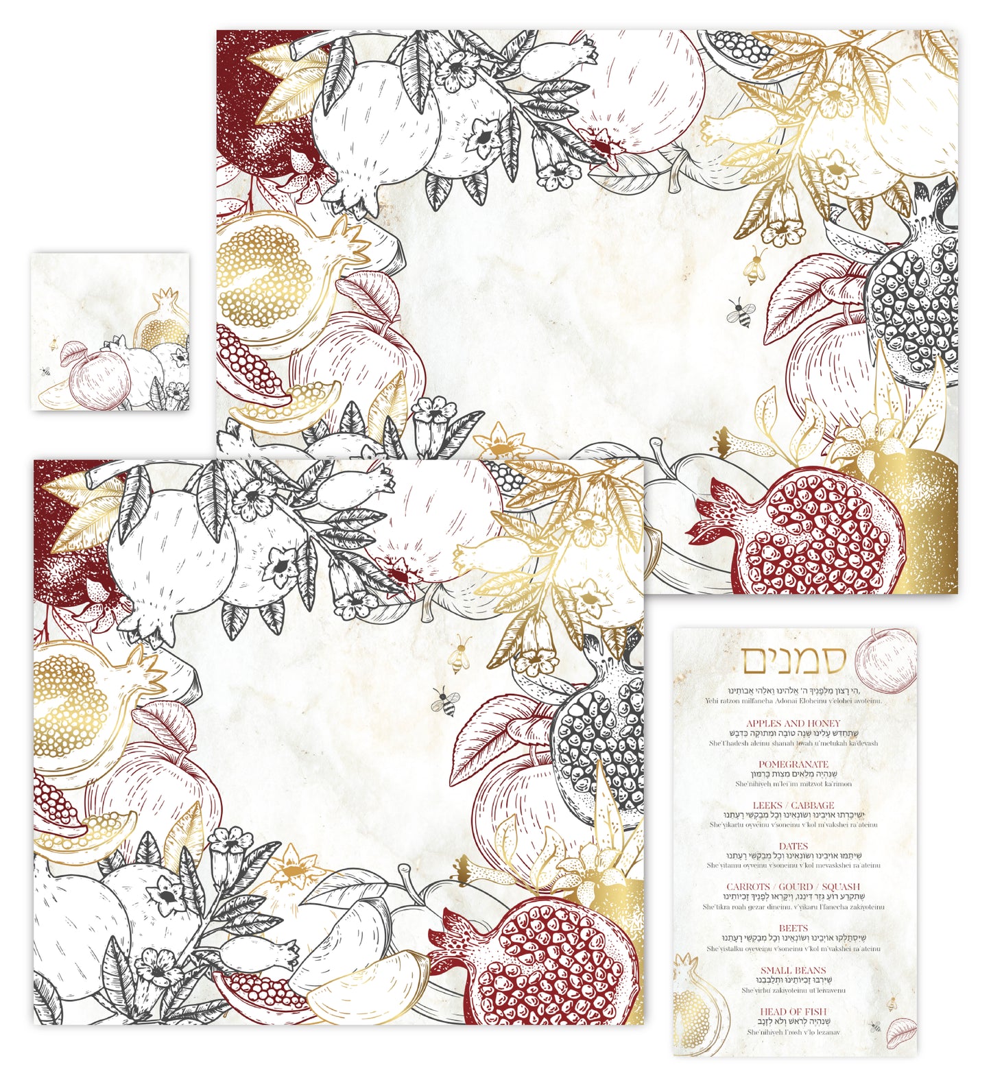 Rosh Hashanah Apples & Pomegranates Paper Placemat — Set of 12 with Coasters & Simanim Cards