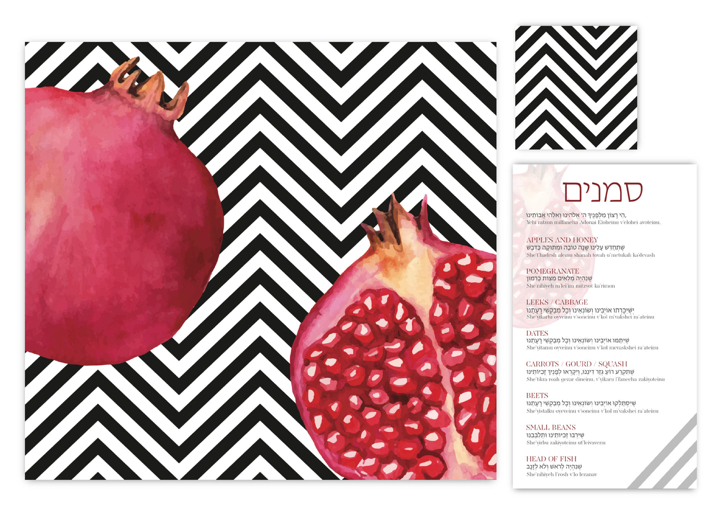 Pomegranate Chevron Paper Placemat — Set of 12 with Coasters & Simanim Cards